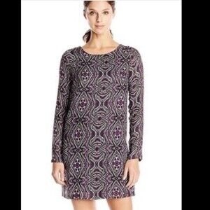 Prana mini dress Cece long sleeve purple black medallion lined back zip small